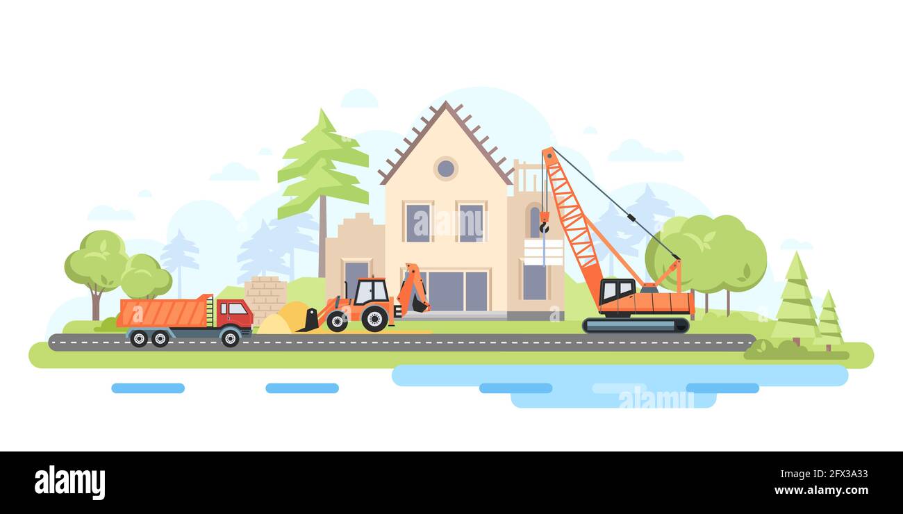 Cottage estate under construction - flat design style illustration ...