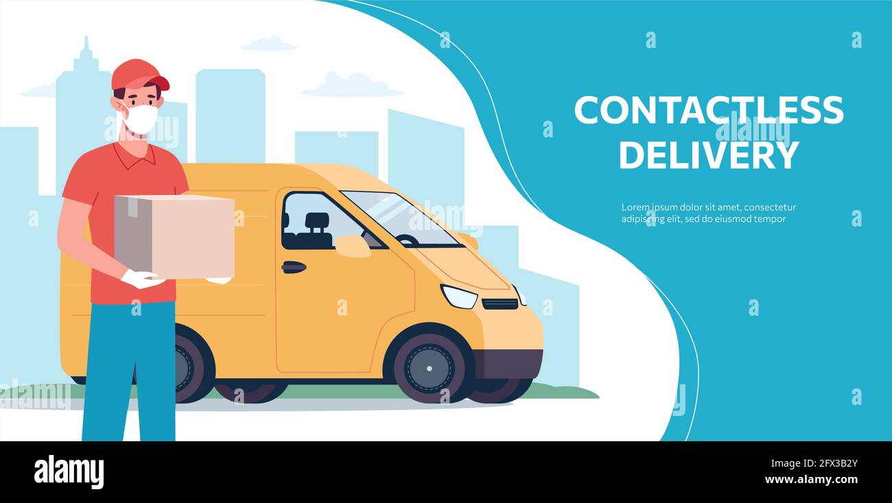 Web banner with a contactless delivery service in a van. A courier wearing  a protective mask and gloves, who brought the box. Next to the courier is a  truck. Vector in flat