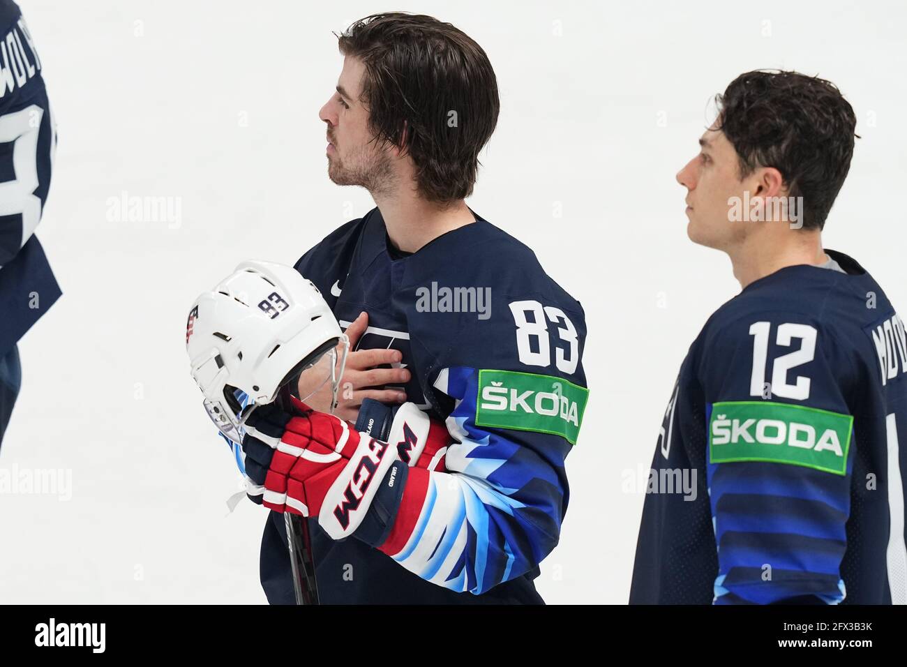 Riga Arena Riga United States 25th May 2021 Vs Kazakhstan 2021 Iihf Ice Hockey World Championship 83 Conor Garland United States And 12 Trevor Moore United States During Their National Anthem Switzerland Croatia