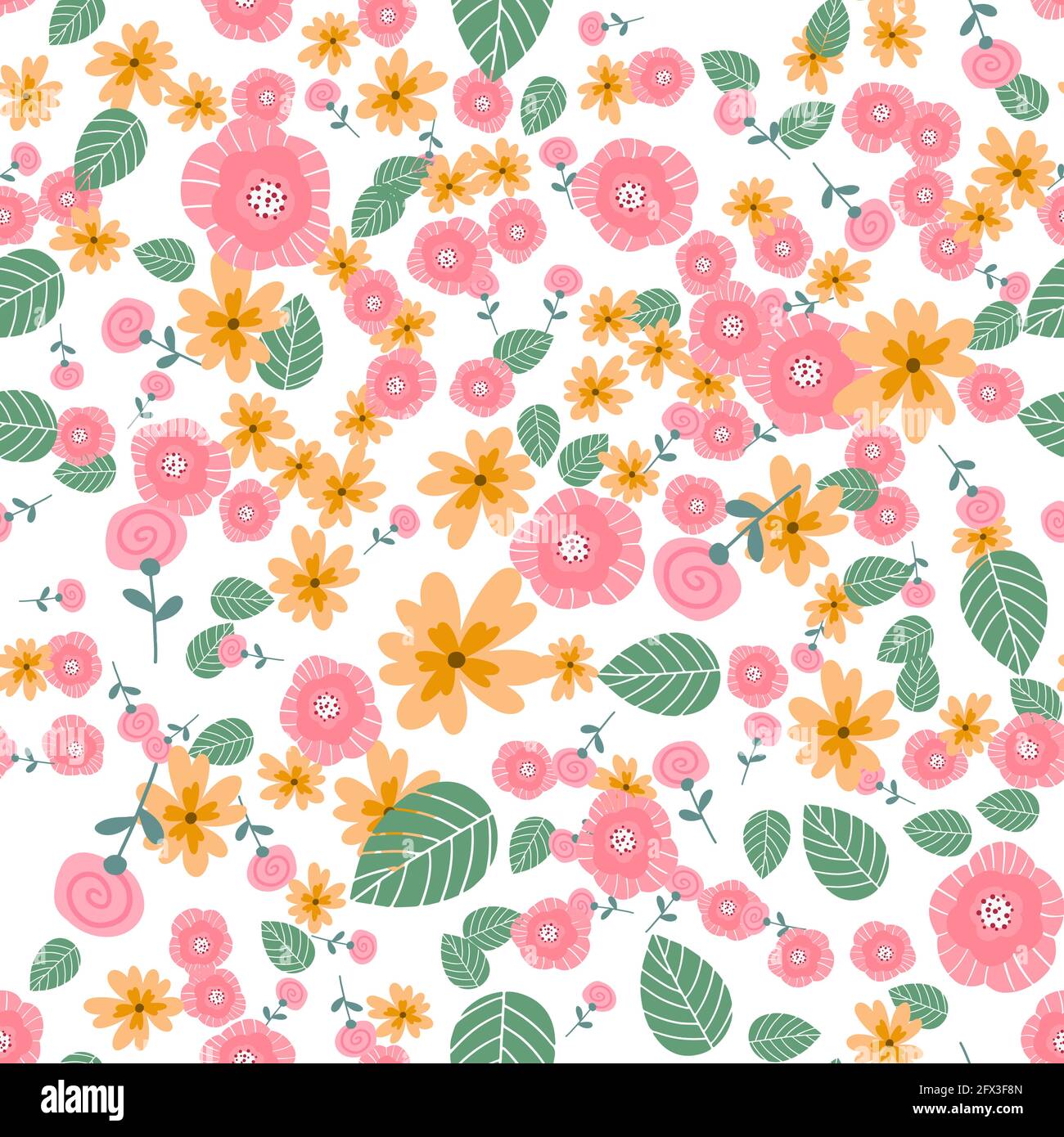 Vector floral pattern in doodle style with flowers and leaves. Gentle ...