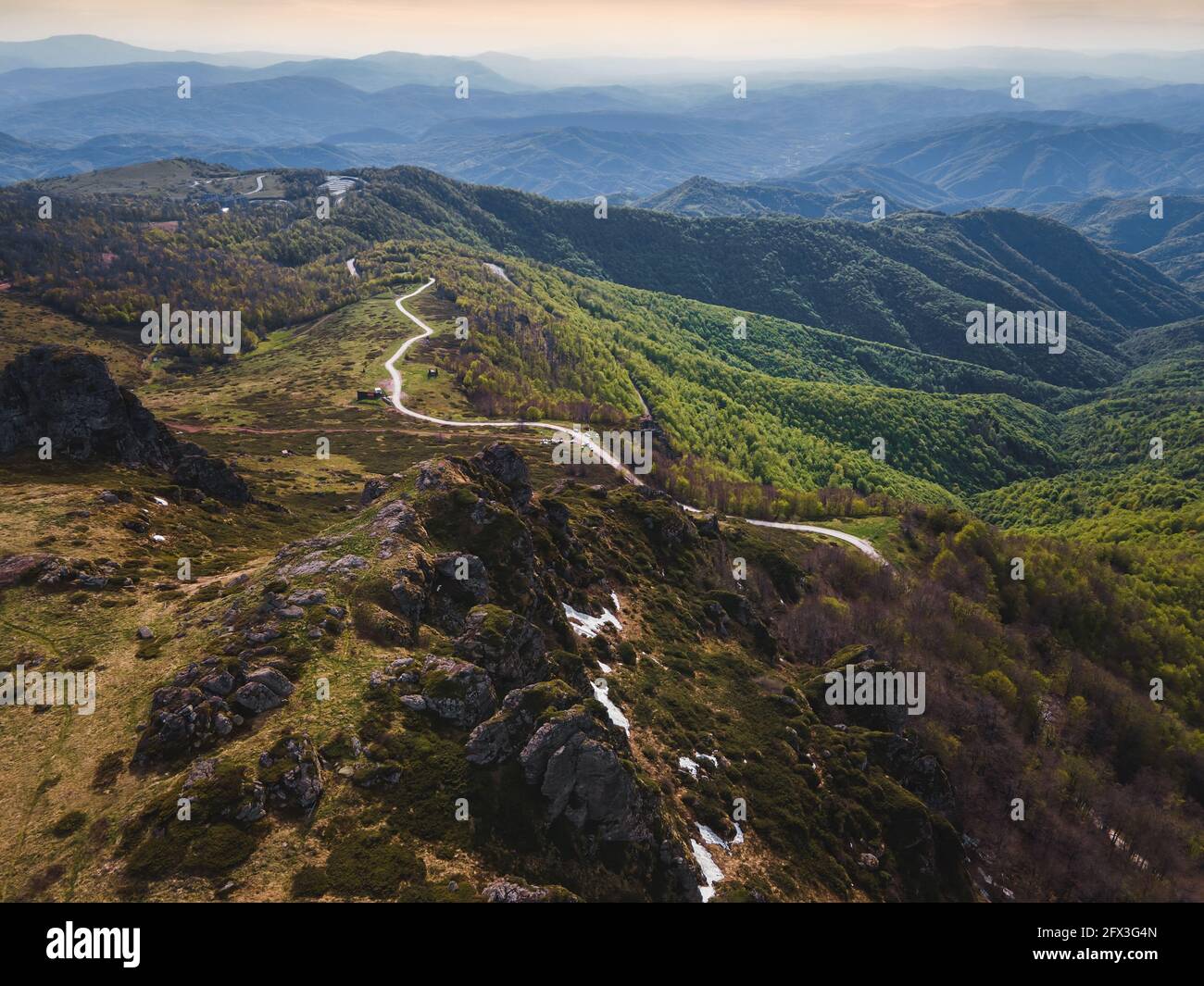 View Of The Mountain Range With Road Heading Through The Mountains. Nature outdoors travel destination, Stara Planina (Balkan mountain), Serbia Stock Photo