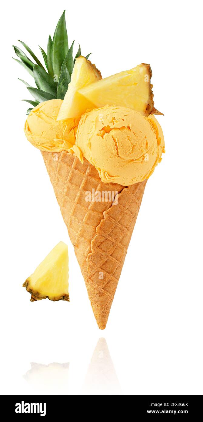 Pineapple ice cream cone isolated with clipping path. Stock Photo