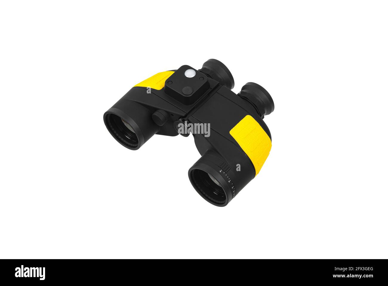 Modern black and yellow waterproof and unsinkable marine binoculars.. Surveillance device. Device for viewing at a distance. Isolate on a white backgr Stock Photo