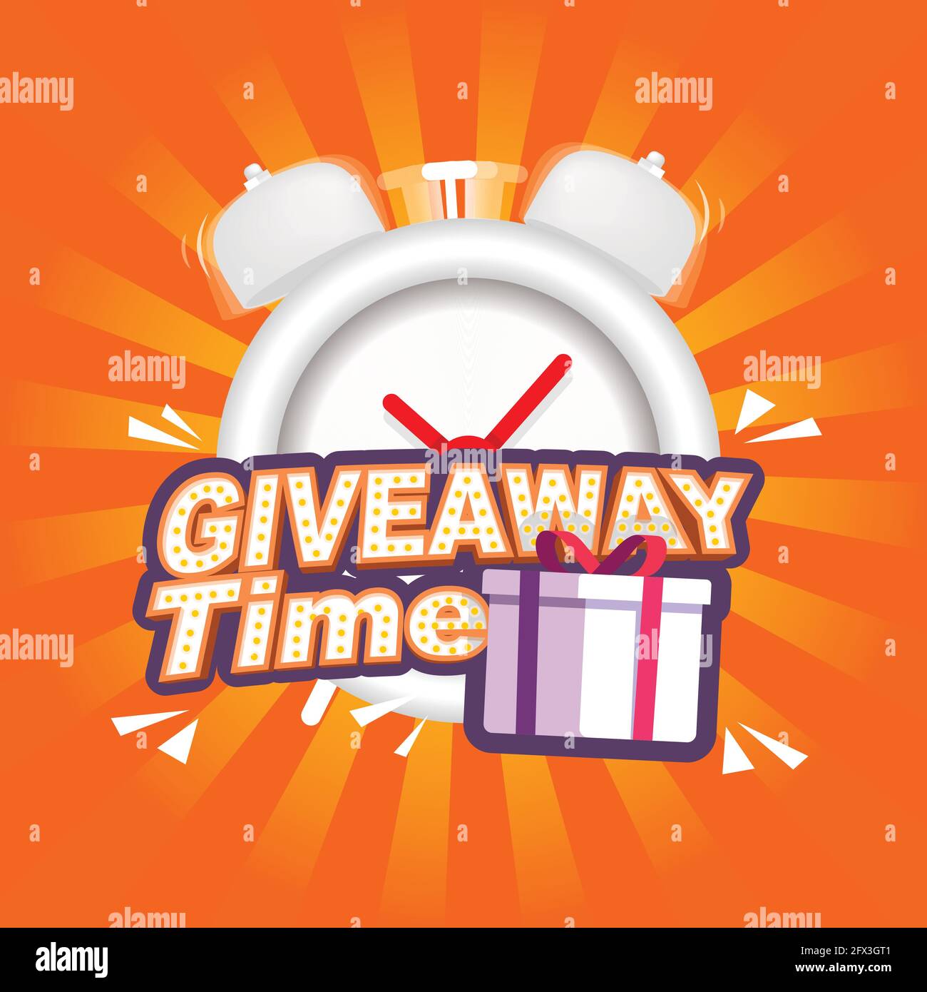 giveaway time. gift box with give away text in front of ringing clock