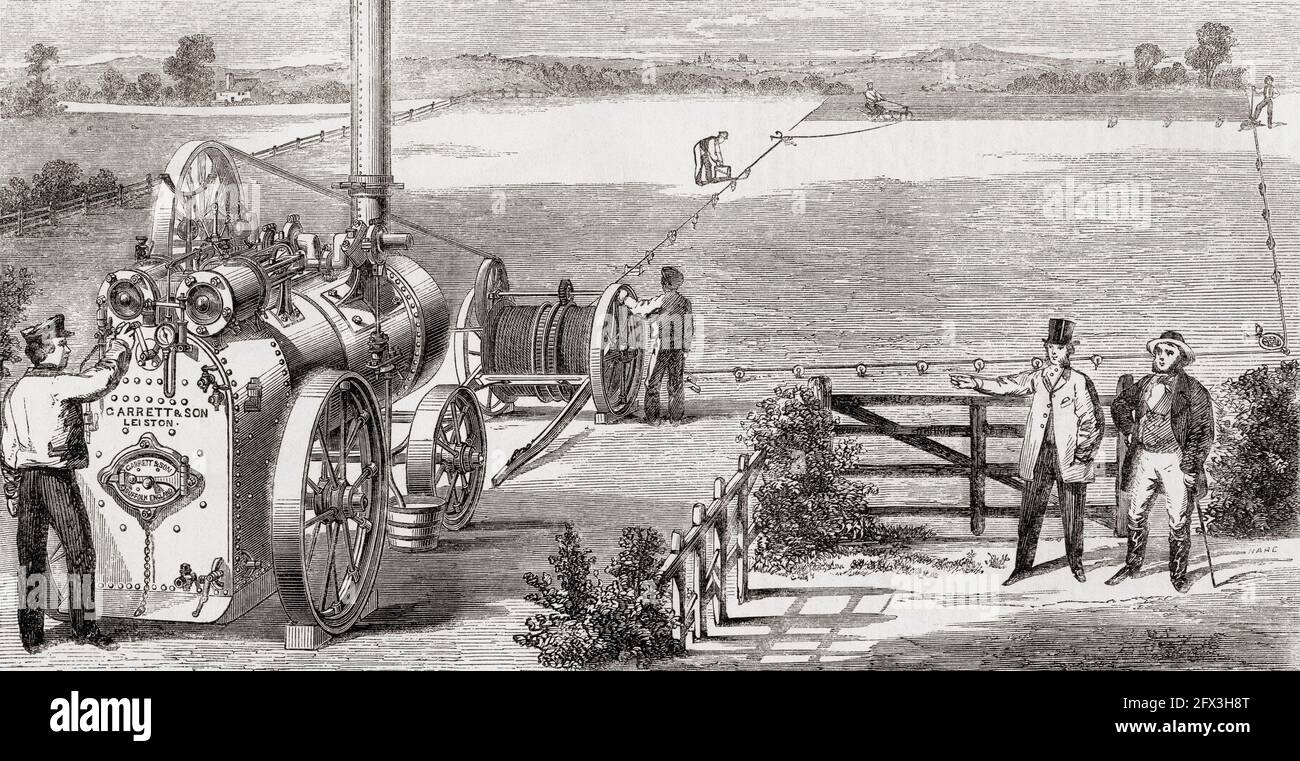 Garrett and Son's double-cylinder steam ploughing engine and tackle.  From A Concise History of The International Exhibition of 1862, published 1862. Stock Photo