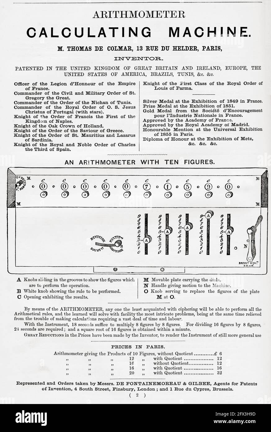 Advertisement for the Arithmometer, calculating machine.  From A Concise History of The International Exhibition of 1862, published 1862. Stock Photo