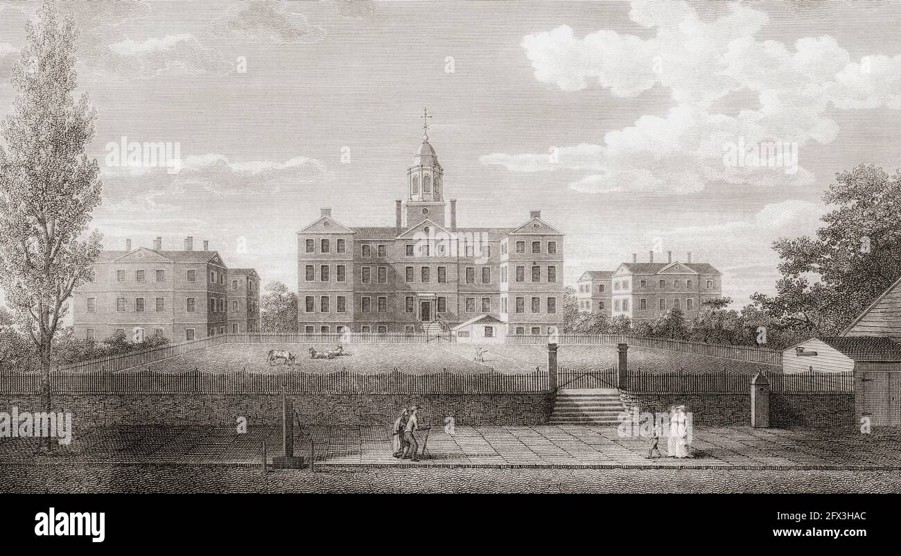 New York Hospital or Old New York Hospital or City Hospital,  founded in 1771, under a charter from the British Crown.  It is now known as NewYork-Presbyterian/Weill Cornell Medical Center.  This picture dates from cira 1800. Stock Photo