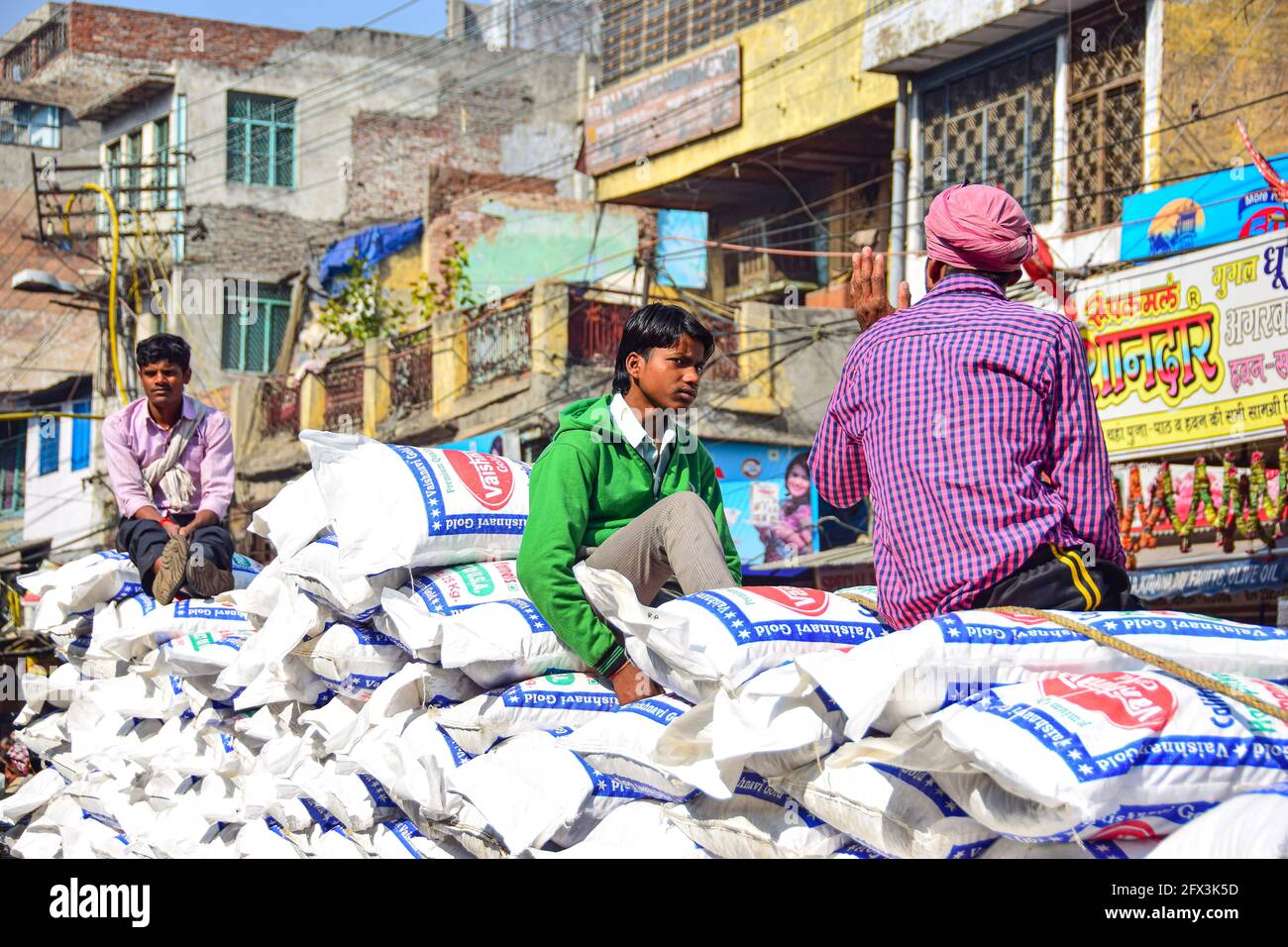 Khari Baoli,  Bustling Indian Wholesale Spice Market, Old Delhi, India Stock Photo