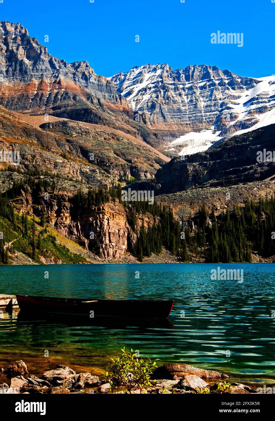 Canoe Boats and Distant Mountain Tops at Lake O'Hara, Yoho National