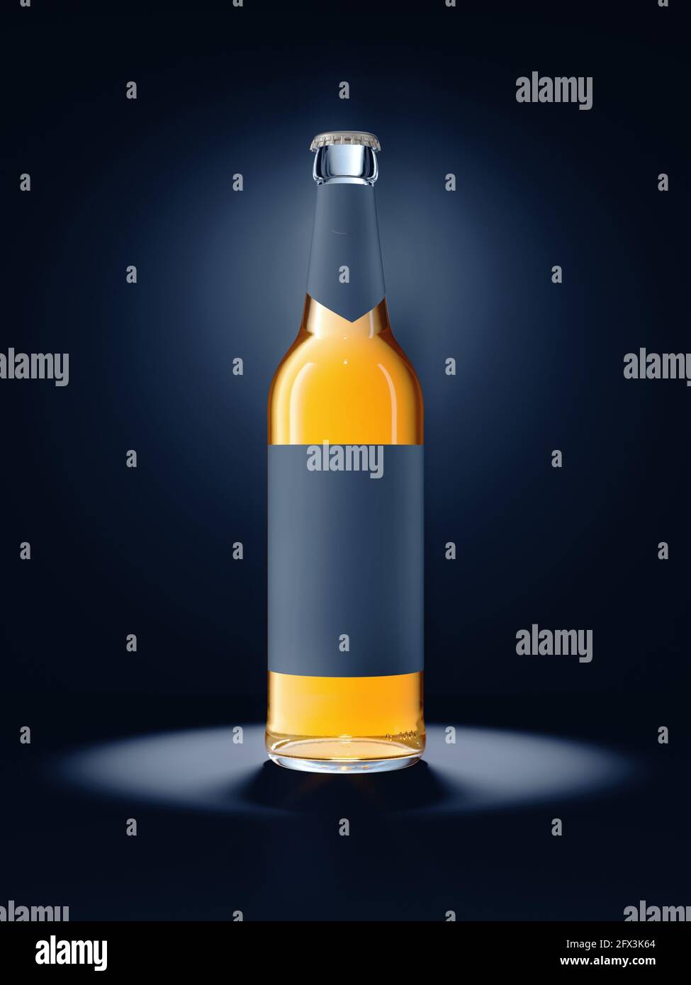 Full beer glass bottle against dark background. Empty grey label for your text. Lit by spotlight from top. Stock Photo