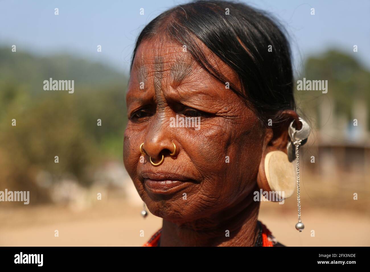 LANJIA SAORA TRIBE - Tribal woman Close-up. She is wearing  round wooden plugs or taitalya in ears and Khagla and Jatong jewelry around her neck. Gunp Stock Photo