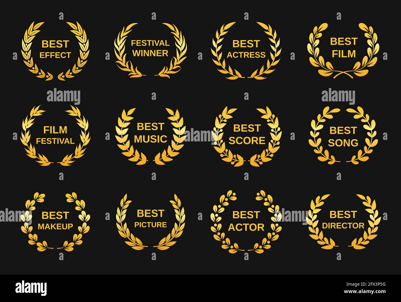 Movie award. Golden film awards, best director winner rewards. Cinema festival nomination emblems, gold laurel wreath winners logo vector set. Best song, score, music and actor or actress Stock Vector