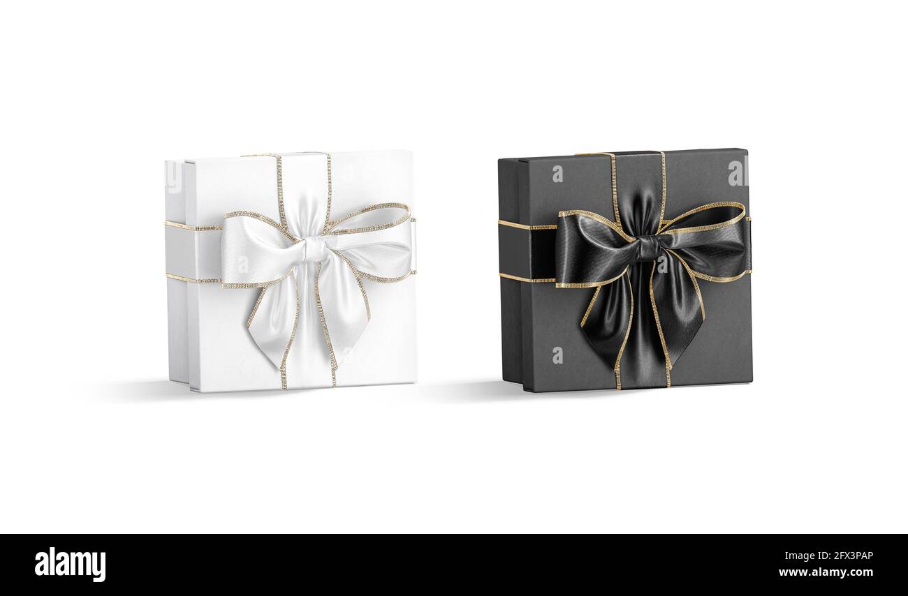 Decorative Black Gift Box With Golden Bow Isolated On White Stock