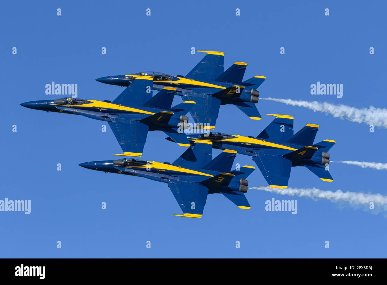 Boeing F/A 18 Hornets of the US navy formation jet team, The Blue Angels Stock Photo
