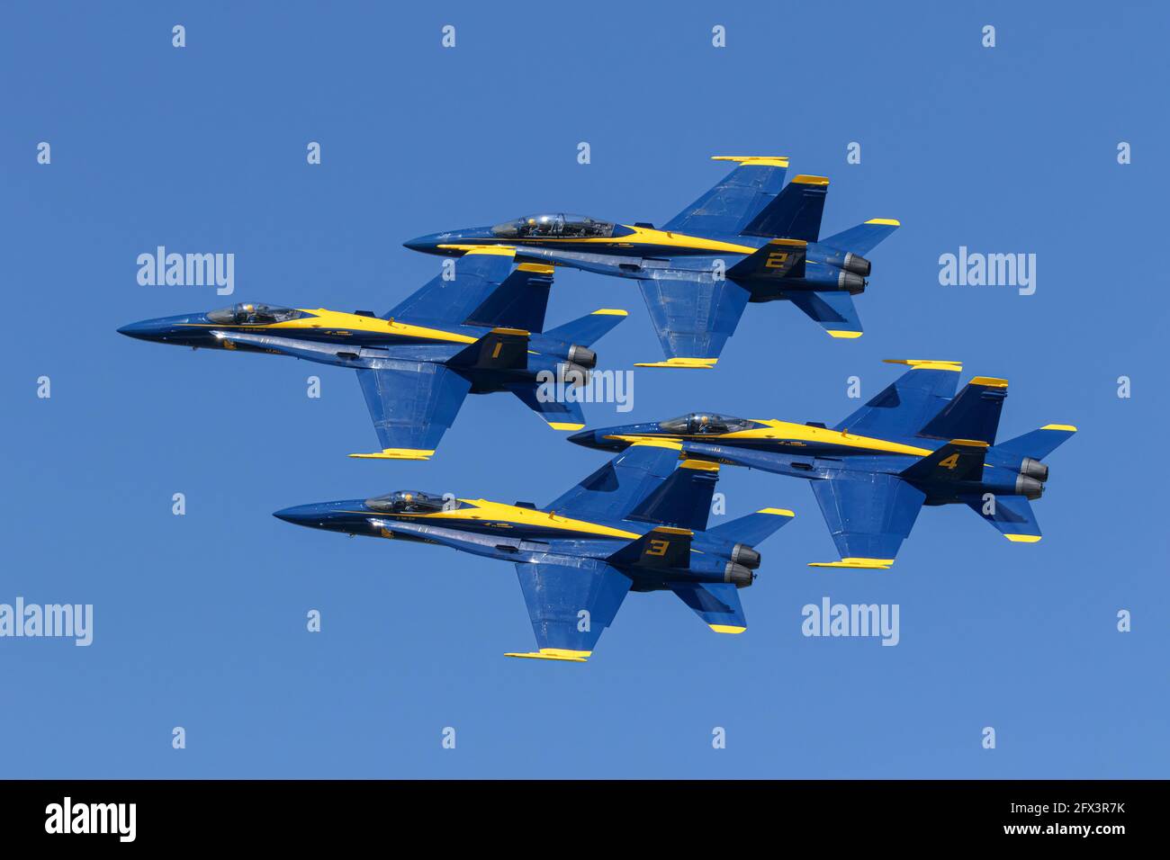 Boeing F/A 18 Hornets of the US navy formation jet team, The Blue Angels Stock Photo