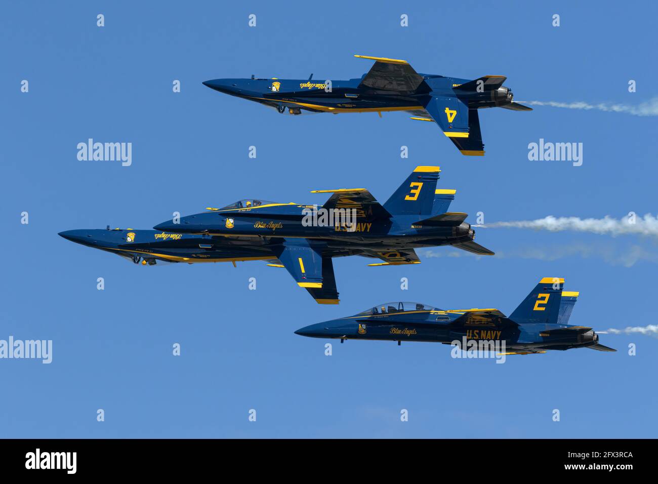 Boeing F/A 18 Hornets of the US navy formation jet team, The Blue Angels Stock Photo