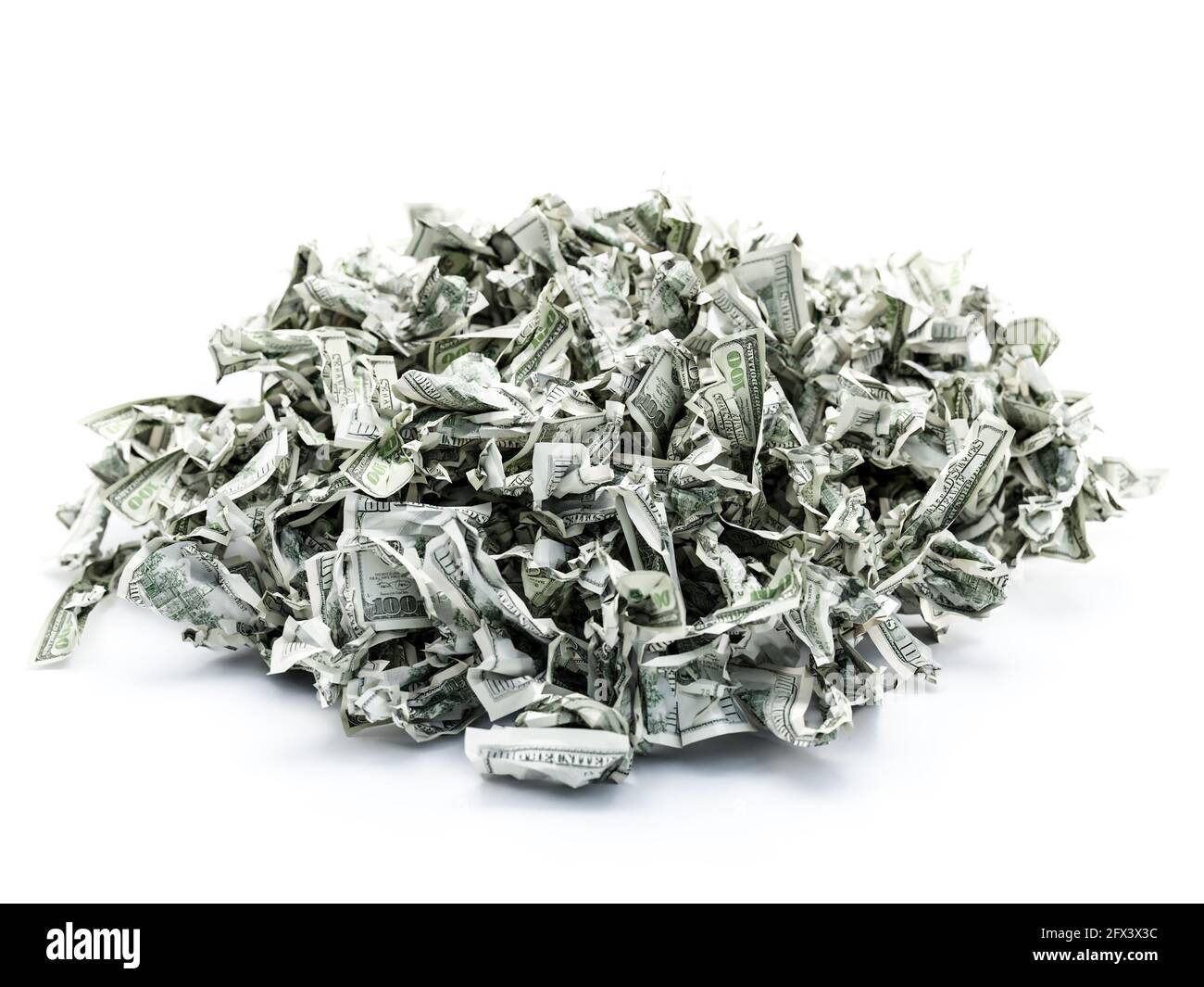 3D rendering of pile of crumpled 100 dollar banknotes on white Stock Photo