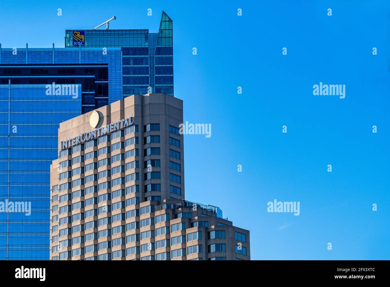 Unusual angle of the Intercontinental Hotel and the Royal Bank Tower in the downtown district of Toronto, Canada Stock Photo