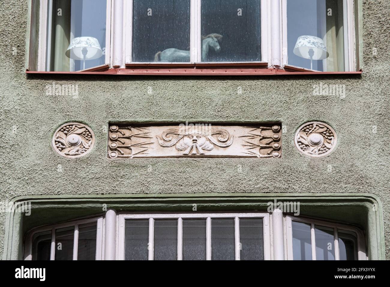 Decorative detail of Jugend style or Art Nouveau building in Katajanokka district of Helsinki, Finland Stock Photo