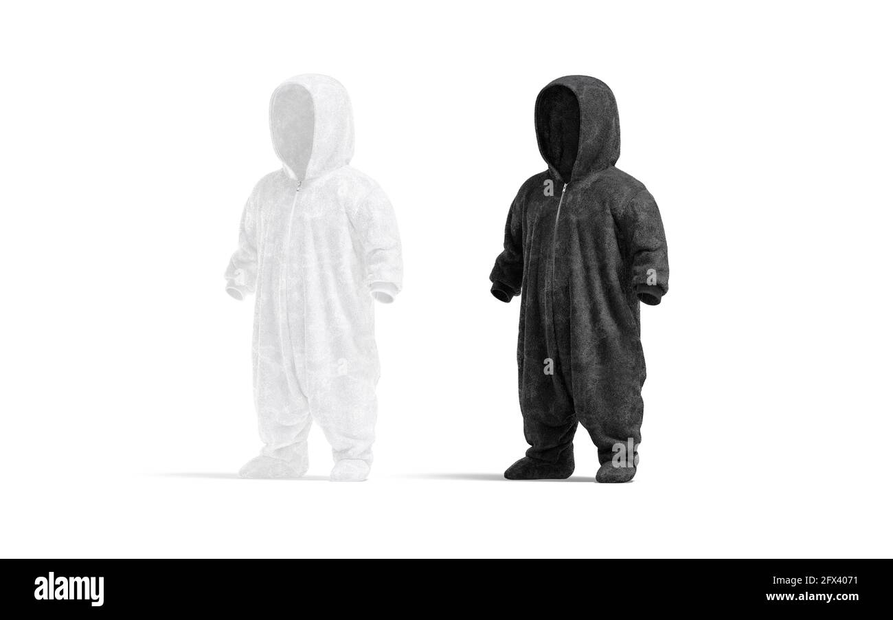 Blank black and white kid plush jumpsuit with hood mockup, 3d rendering. Empty children growsuit or pajamas mock up, isolated. Clear small playsuit or Stock Photo