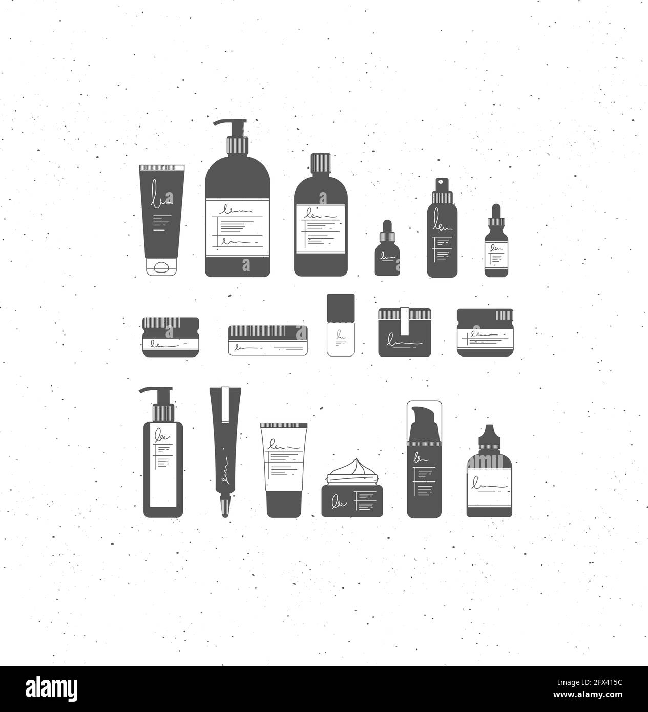 Set of cosmetic bottles in graphic style. Many containers for beauty and fashion products Stock Vector