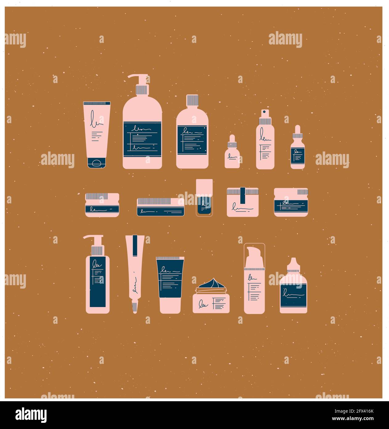 Set of cosmetic bottles in graphic style. Many containers for beauty and fashion products drawing on mustard background Stock Vector