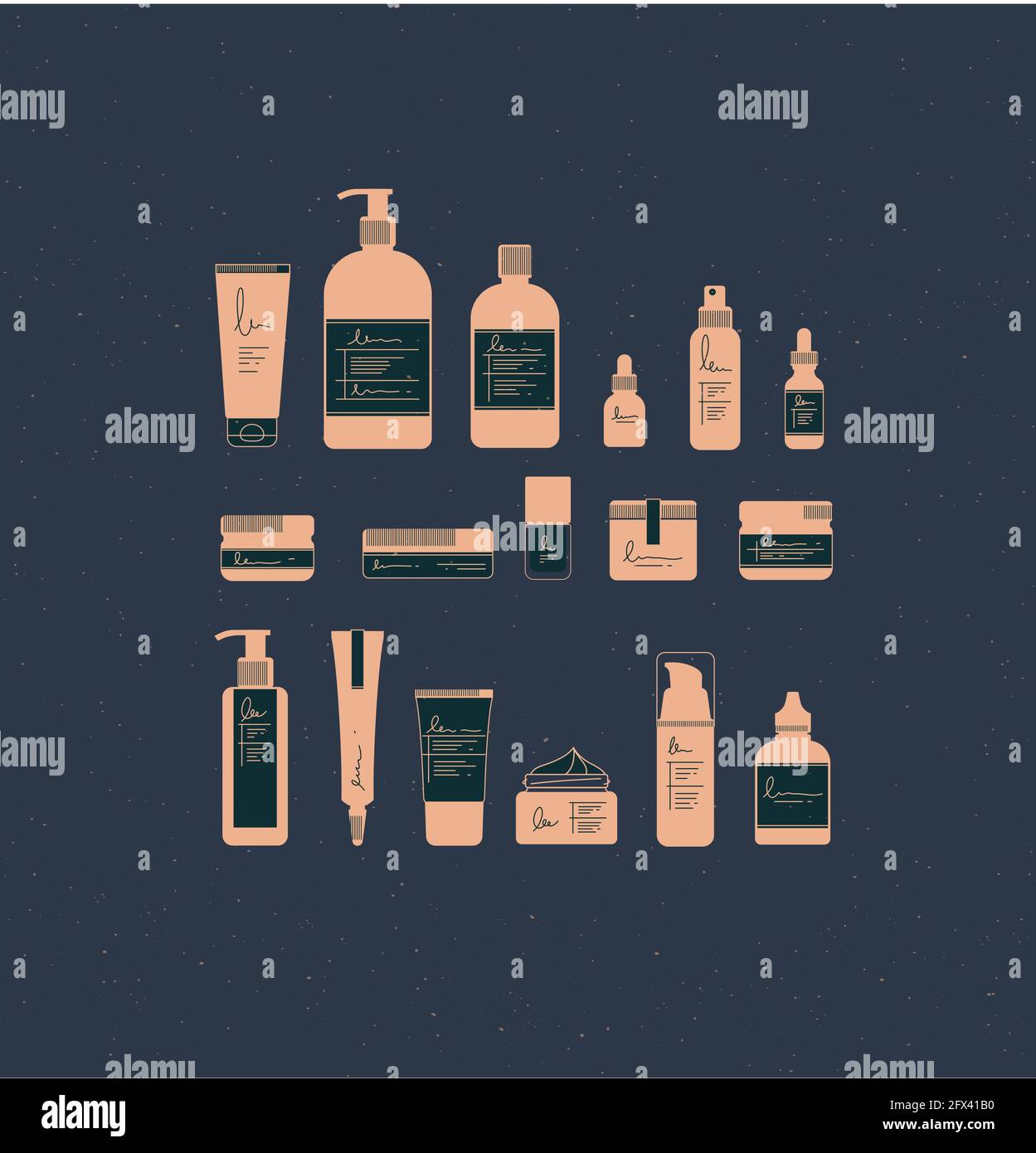 Set of cosmetic bottles in graphic style. Many containers for beauty and fashion products