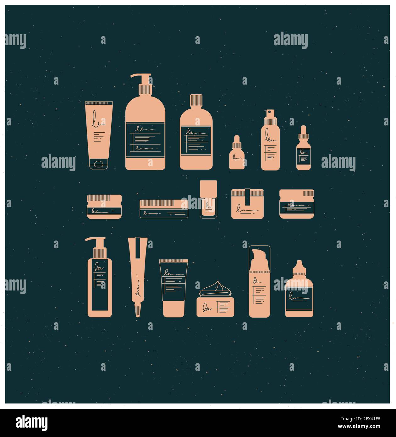 Set of cosmetic bottles in graphic style. Many containers for beauty and fashion products drawing on dark background Stock Vector