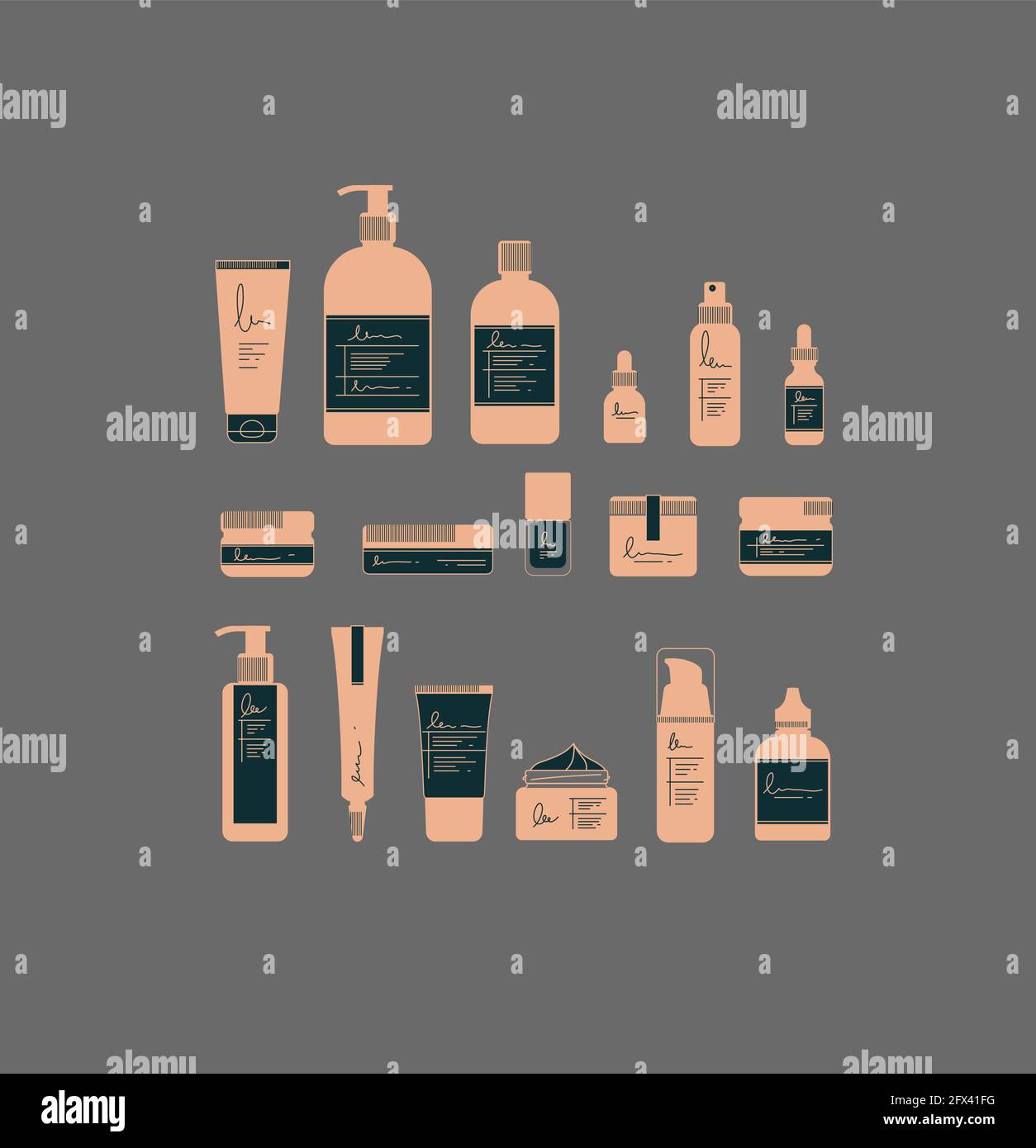 Set of cosmetic bottles in graphic style. Many containers for beauty and fashion products drawing on gray background Stock Vector