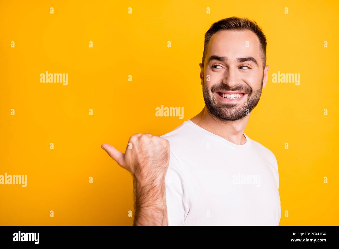 Look Point Guy Profile portrait of optimistic cool guy point look back empty space ...
