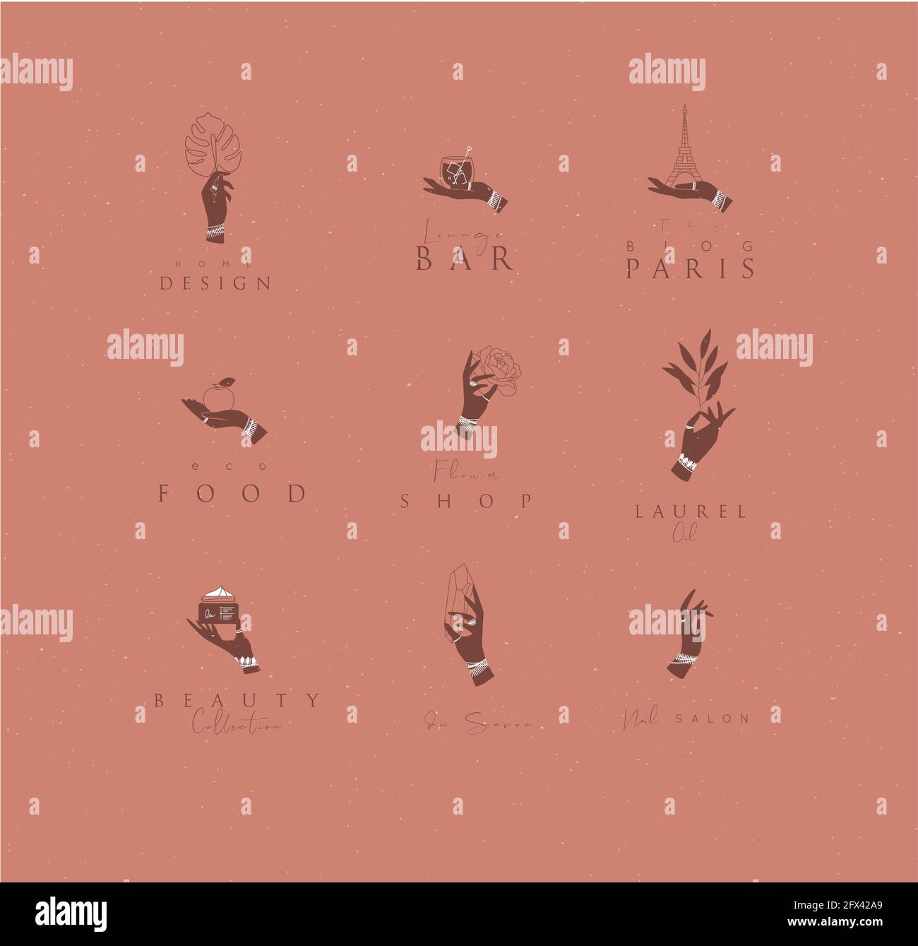 Hand labels with bracelets, rings holding decorative elements with lettering in minimalist style drawing on coral background. Stock Vector