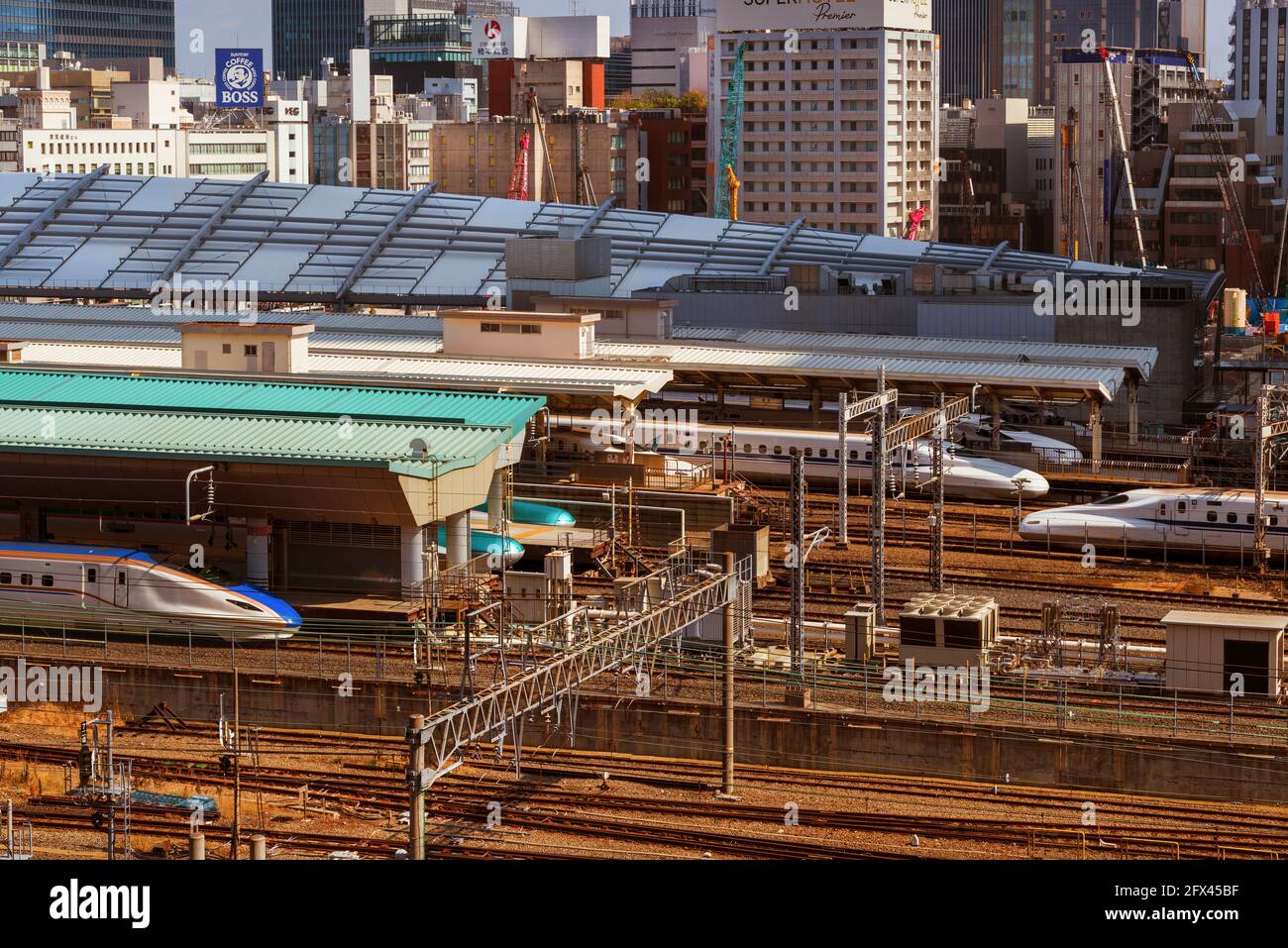 Shinkansen, the famous japanese bullet trains, arrivals and departures at the Tokyo Station Stock Photo