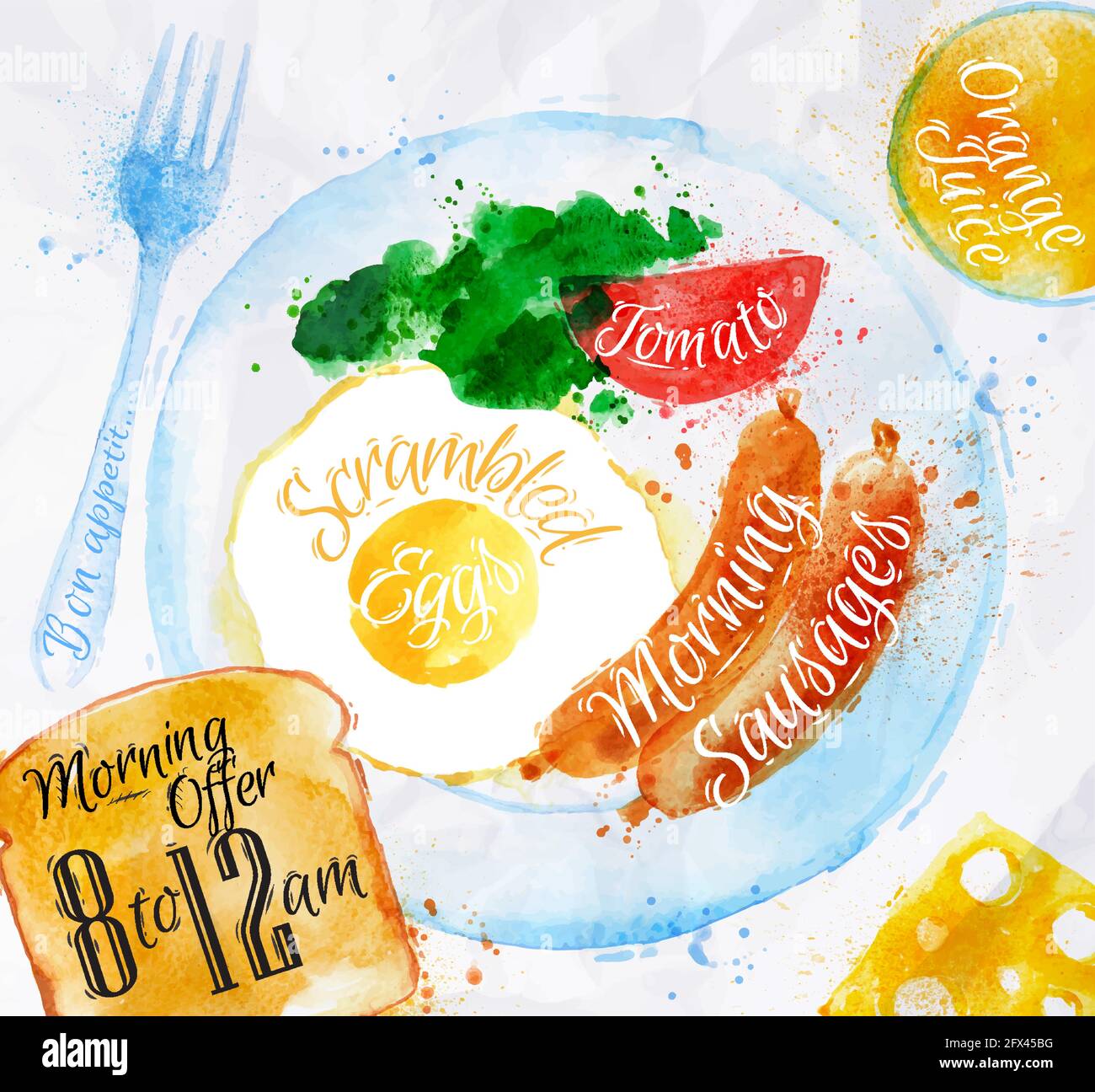 Breakfast painted with watercolors on a plate eggs sausage tomato salad fork a glass of juice, toast with text friction offers from 8 to 12am Stock Vector
