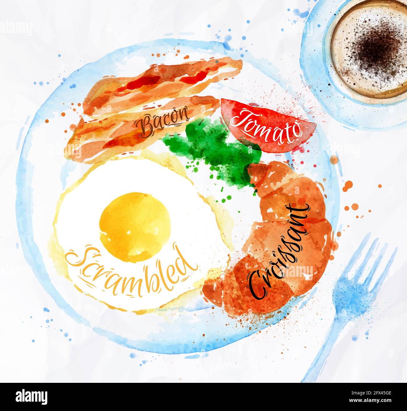 Breakfast painted with watercolors on a plate eggs bacon lettuce tomato a cup of coffee with a fork Stock Vector