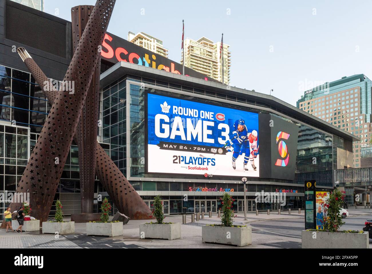 Giant screen of the Scotiabank Arena announcing Game 3 of the Hockey Play Off where the Maple Leafs are involved, Toronto, Canada Stock Photo