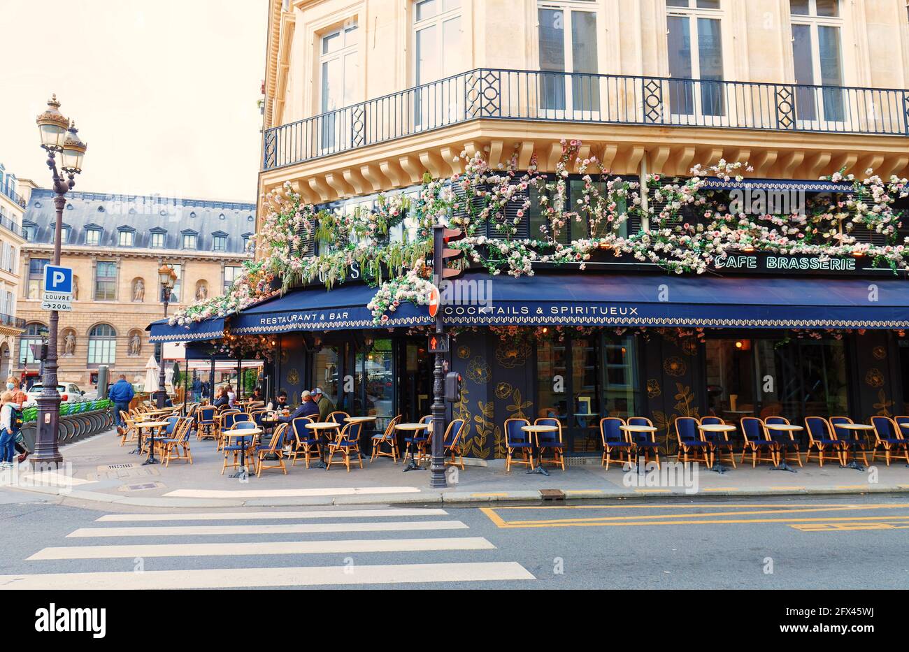 Musset is traditional French cafe located in historical centre of Paris, near the Louvre museum. Stock Photo
