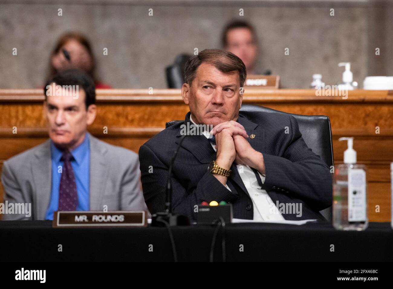 Washington, United States Of America. 25th May, 2021. United States Senator Mike Rounds (Republican of South Dakota) listens to the panel during a Senate Committee on Armed Services nominations hearing in the Dirksen Senate Office Building in Washington, DC, Tuesday, May 25, 2021. Credit: Rod Lamkey/CNP/Sipa USA Credit: Sipa USA/Alamy Live News Stock Photo