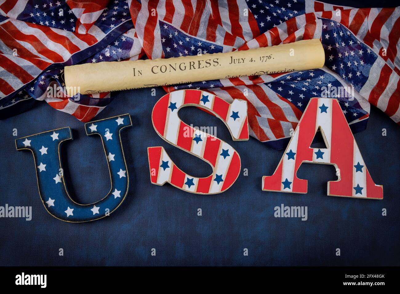 American constitution of the United States of America on close up on American flag Stock Photo