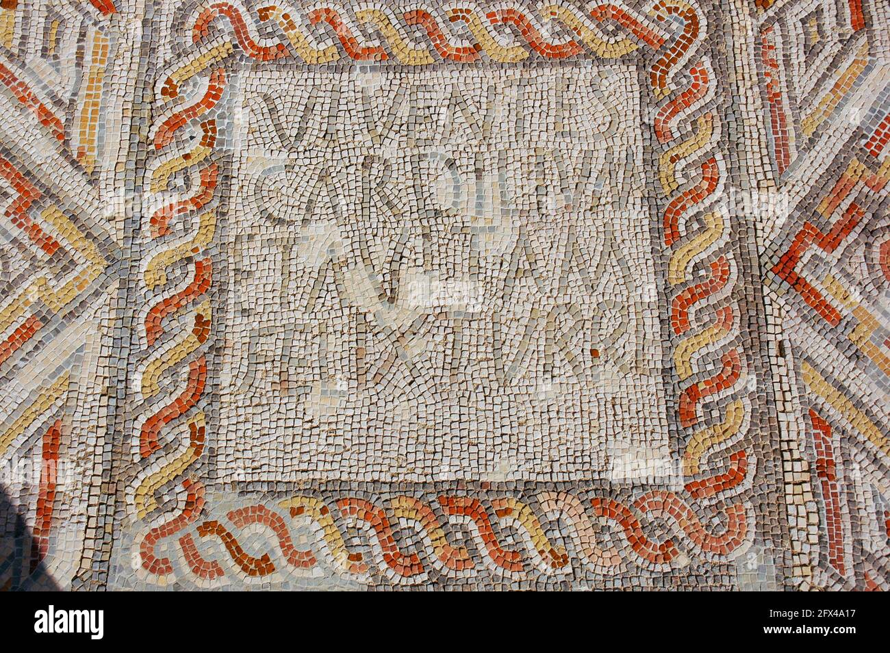 Portugal. Roman ruins of Villa Cardillio. 1st-4th centuries AD. Detail of a mosaic with the names of the owners: Cardilio and Avita. Environs of Torres Novas. Stock Photo