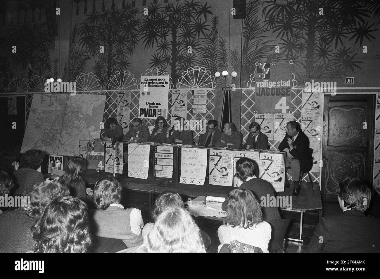 Debates on municipal politics in Amsterdam; Melvin Visser, Martini, Lankhorst, Leeuwers Walraven, Brautigam and Jacobs, May 7, 1974, Debates, The Netherlands, 20th century press agency photo, news to remember, documentary, historic photography 1945-1990, visual stories, human history of the Twentieth Century, capturing moments in time Stock Photo