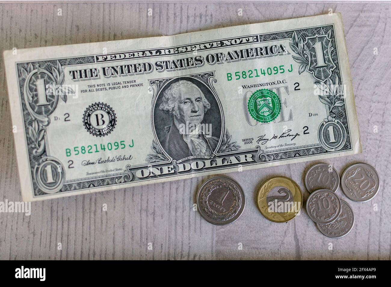 Polish money Zloty and USA dollar bill. Finance in Poland, of the