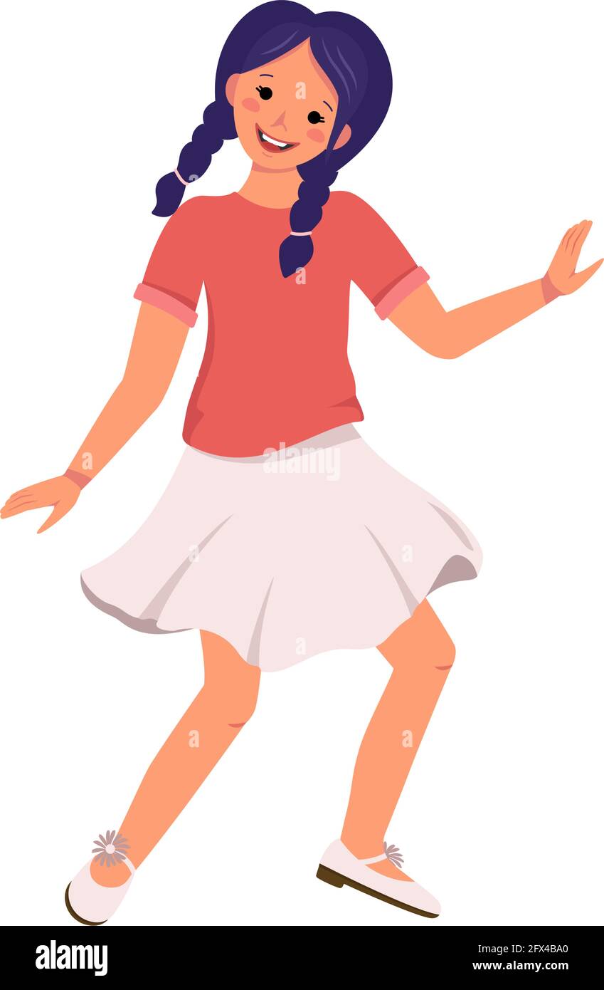 A girl with purple hair and braids in a blouse, skirt and shoes is dancing. Happy cute kid smiling. Teenager with a face in casual clothes. World Stock Vector