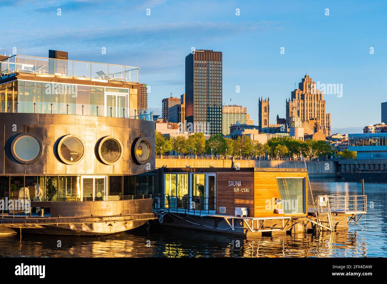 View of the Bota bota spa-sur-l'eau, a floating spa, located on a ship anchored in the Old Port of Montreal, Canada Stock Photo