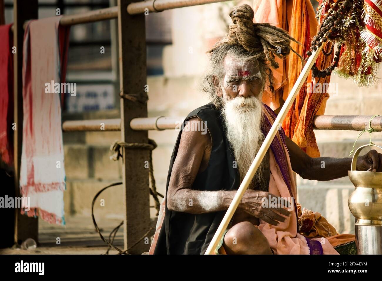Varanasi, India - November 01, 2016: Portrait of a hindu white bearded sadhu, pilgrim or Aghori baba with a lota, braided necklace and dreadlock again Stock Photo