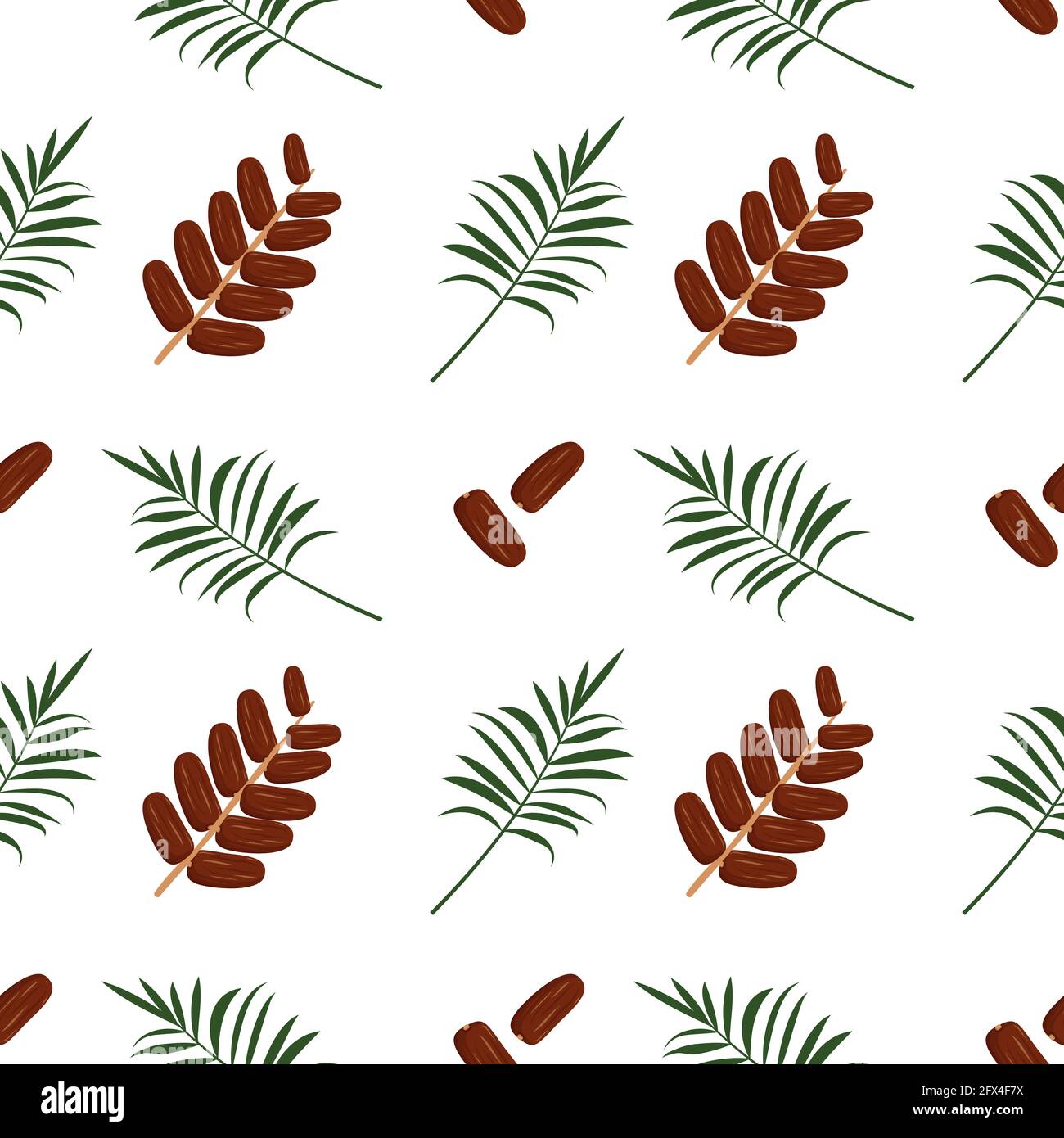 Seamless pattern with date fruits and palm branch. Summer cute print with exotic food. Background with sweet delicious dessert. Suitable for textiles Stock Vector