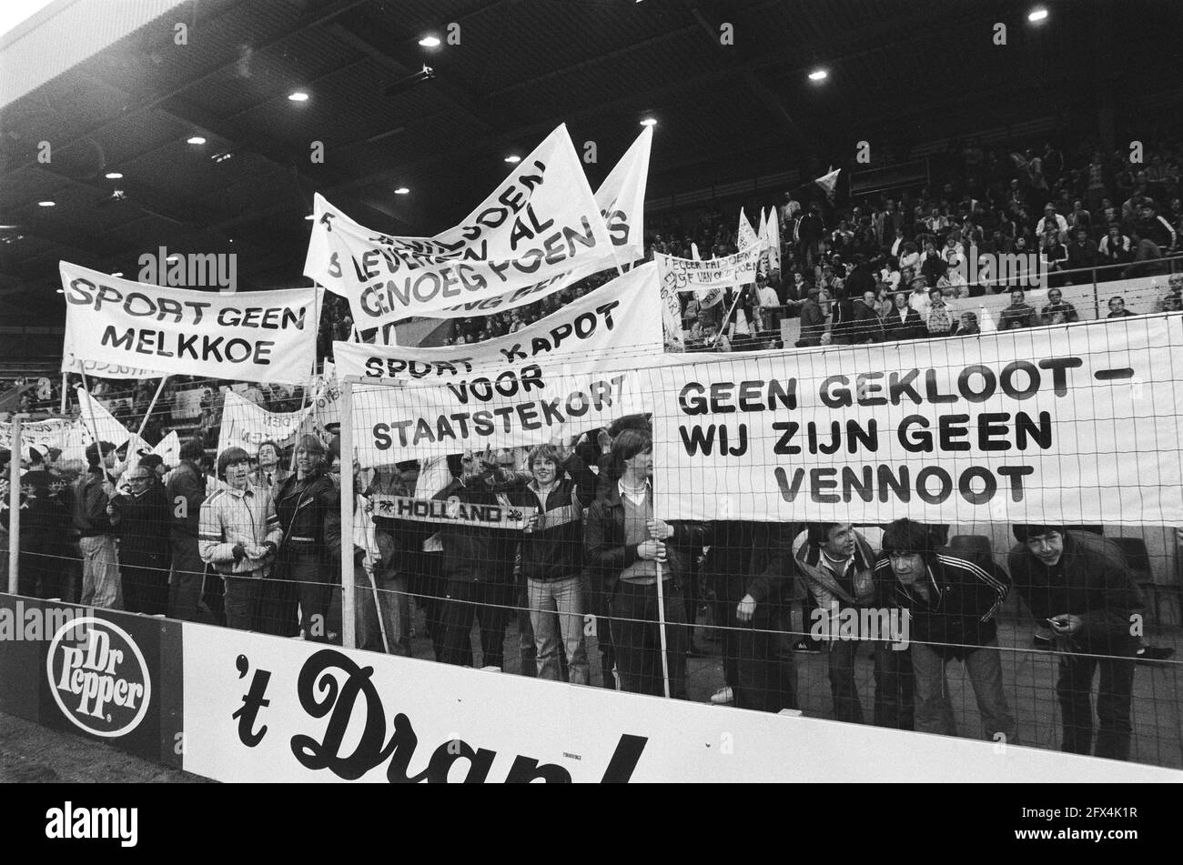 Demonstration during soccer Netherlands against Greece in PSV stadium against CRM plan to make soccer clubs pay corporate tax, April 14, 1982, Demonstration, sports, soccer, The Netherlands, 20th century press agency photo, news to remember, documentary, historic photography 1945-1990, visual stories, human history of the Twentieth Century, capturing moments in time Stock Photo