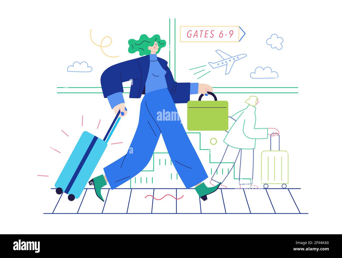 Business topics - business trip. Flat style modern outlined vector concept illustration. A young woman with a suitcase walking by the moving walkway i Stock Vector