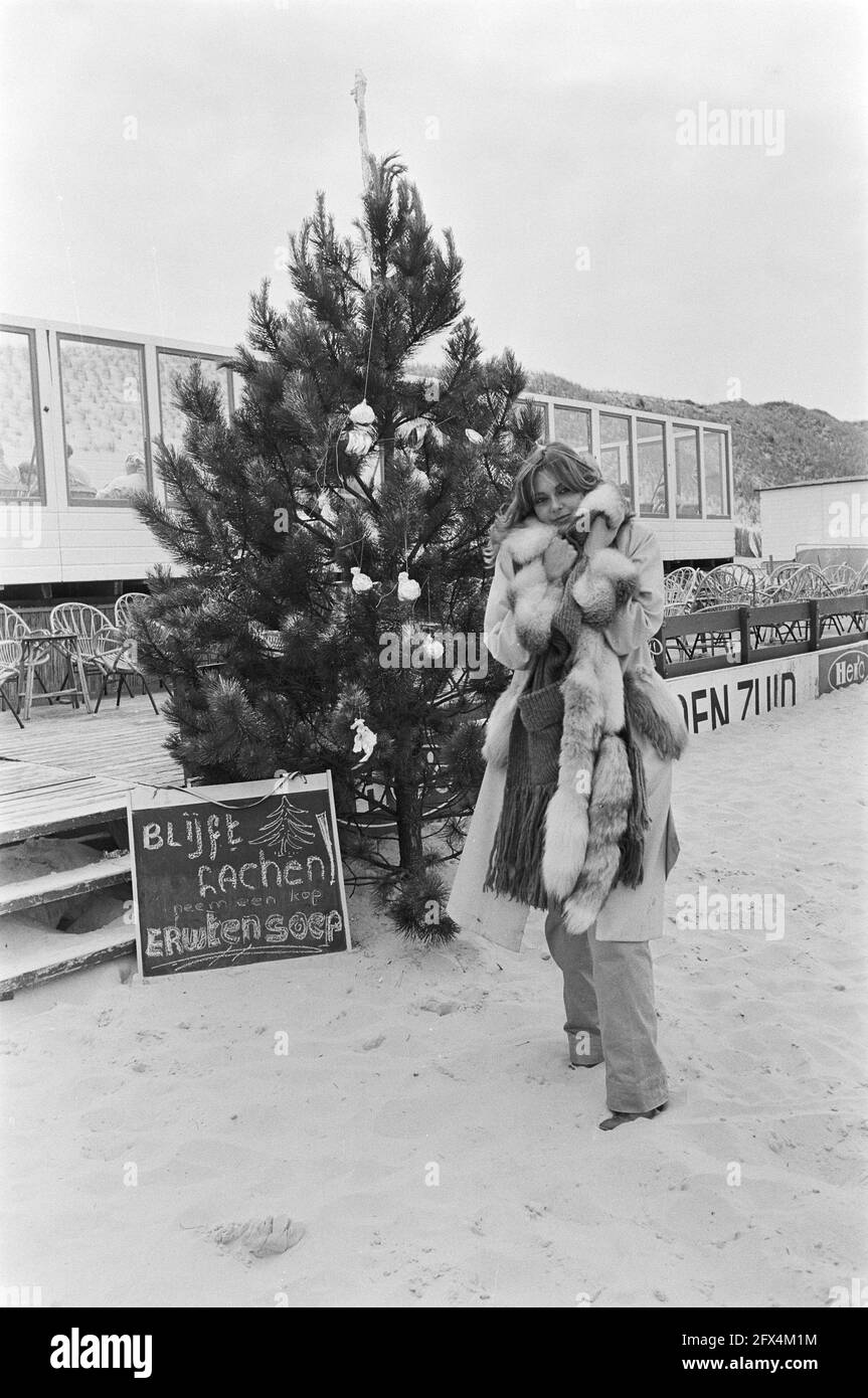 Bad summer weather Christmas tree on beach in Bergen aan Zee lady in