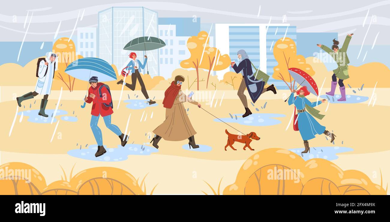 Flat cartoon characters autumn activities vector illustration concept ...