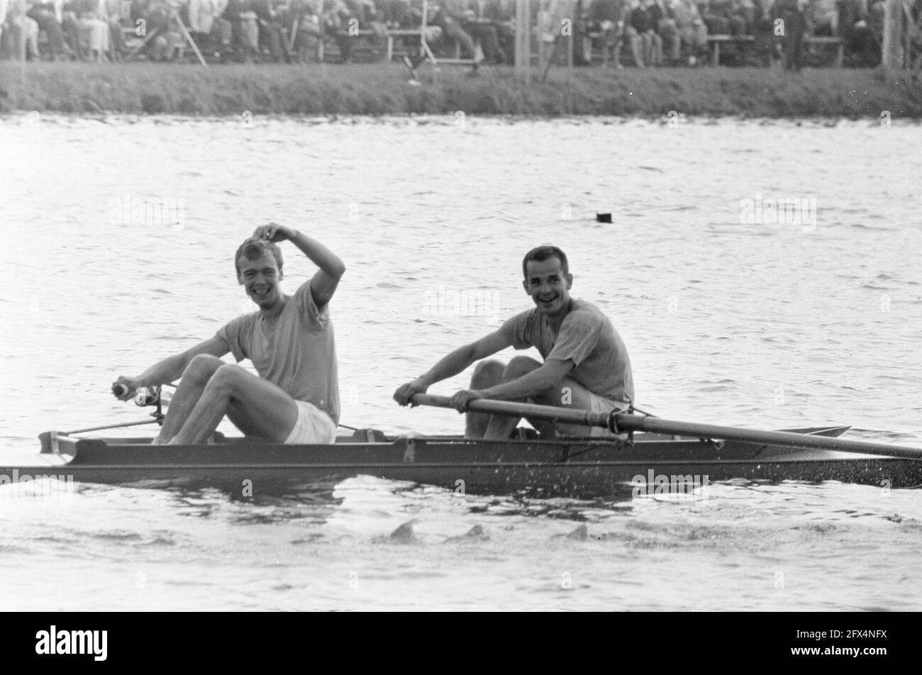 European rowing championships Bosbaan, Blaisse and Veneman finish, August 9, 1964, Rowing, finish, championships, The Netherlands, 20th century press agency photo, news to remember, documentary, historic photography 1945-1990, visual stories, human history of the Twentieth Century, capturing moments in time Stock Photo